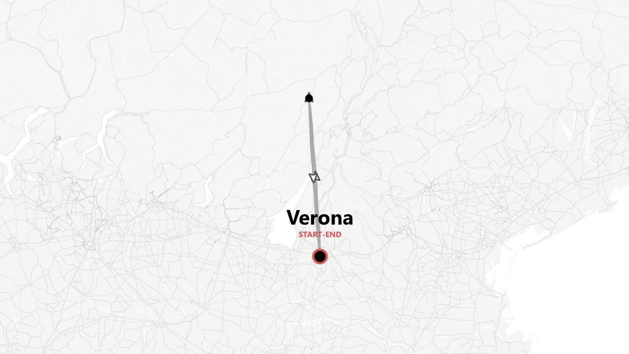 A minimalist map showing a travel itinerary route that starts and ends in Verona, Italy, heading north and back.