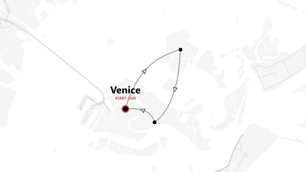A minimalist map illustrating a travel itinerary route that starts and ends in Venice.