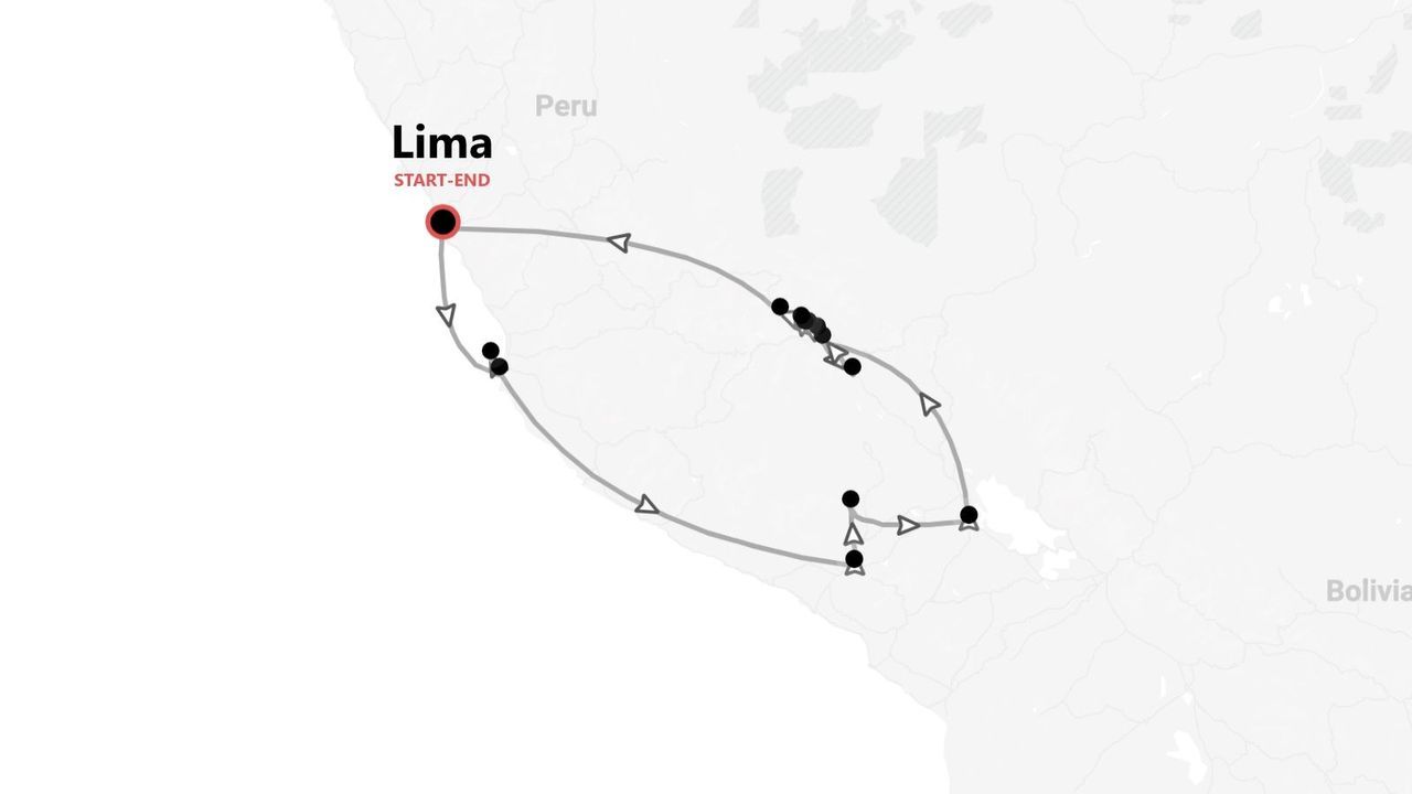 A map showing a circular travel itinerary in Peru that starts and ends in Lima, with stops marked along the route.