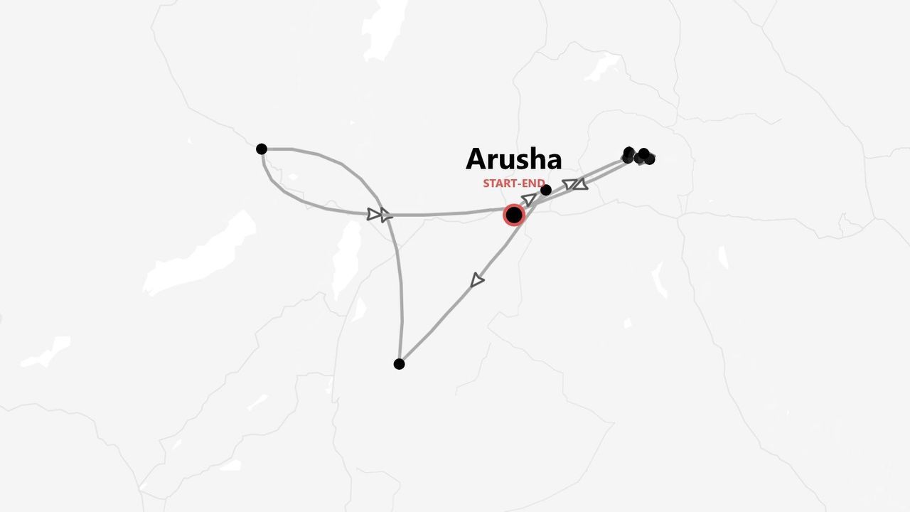A simplified grayscale map outlining a tour itinerary that starts and ends in Arusha, with several other stops along the route.