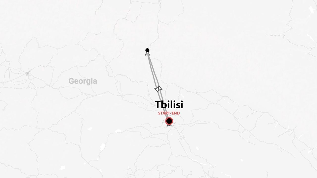 A minimalist map showing a travel route in Georgia, starting and ending in the city of Tbilisi.