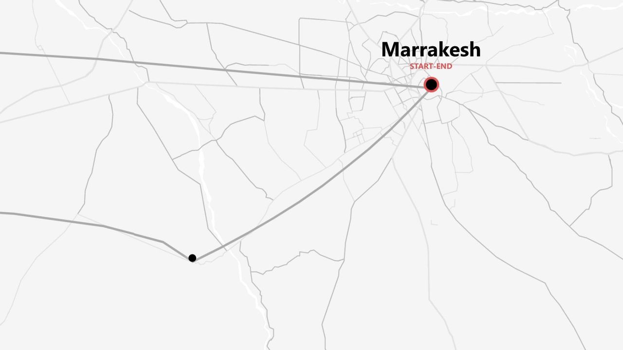 A graphical map showing a travel route that starts and ends in the city of Marrakesh.
