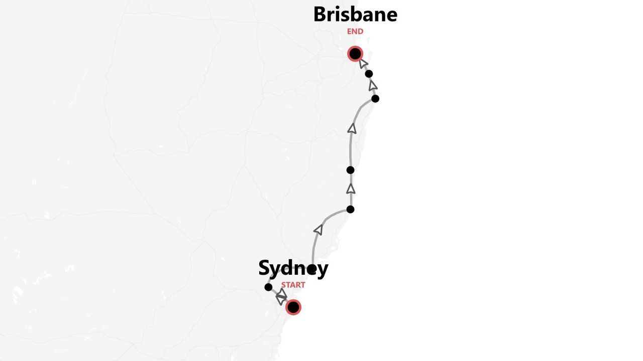A minimalist map showing a travel route along the Australian coast, starting in Sydney and ending in Brisbane.