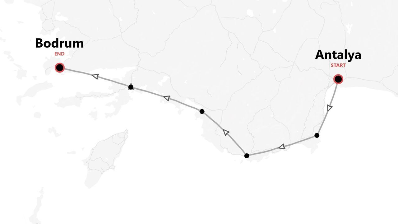 A map showing a travel itinerary with a starting point in Antalya and an ending point in Bodrum, Turkey.