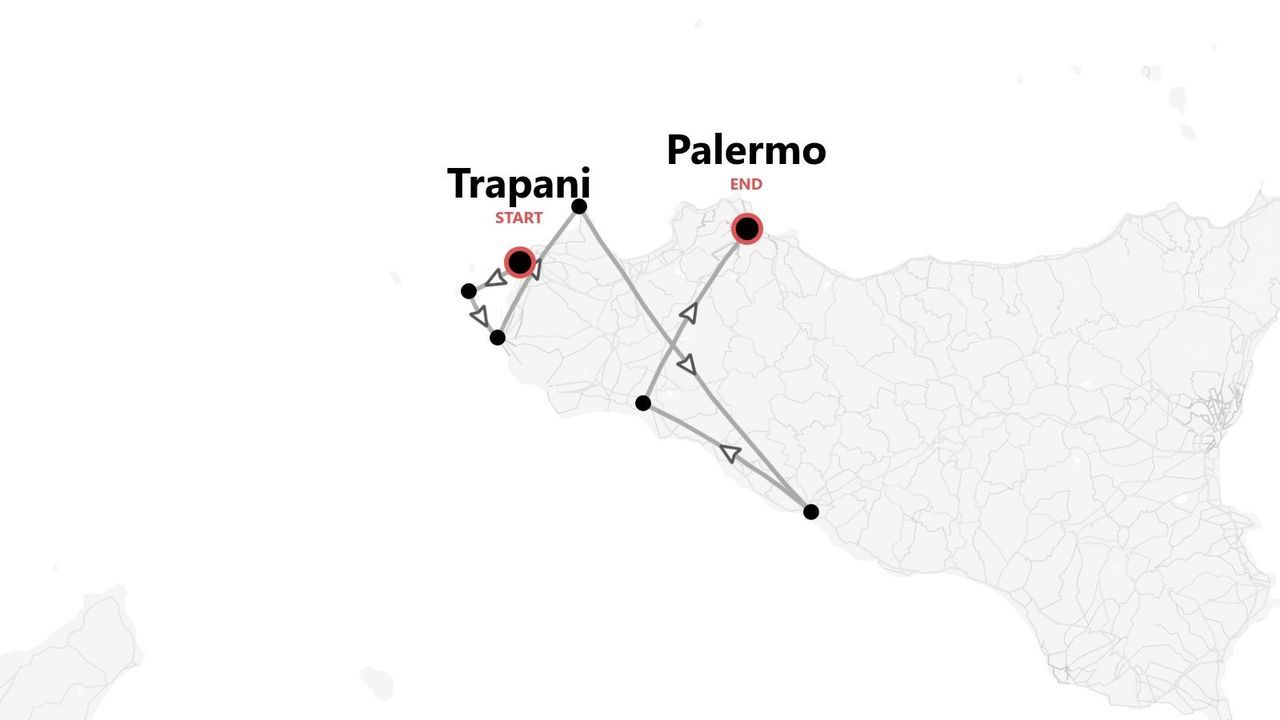 A map showing a travel itinerary across Sicily, starting in Trapani and ending in Palermo.