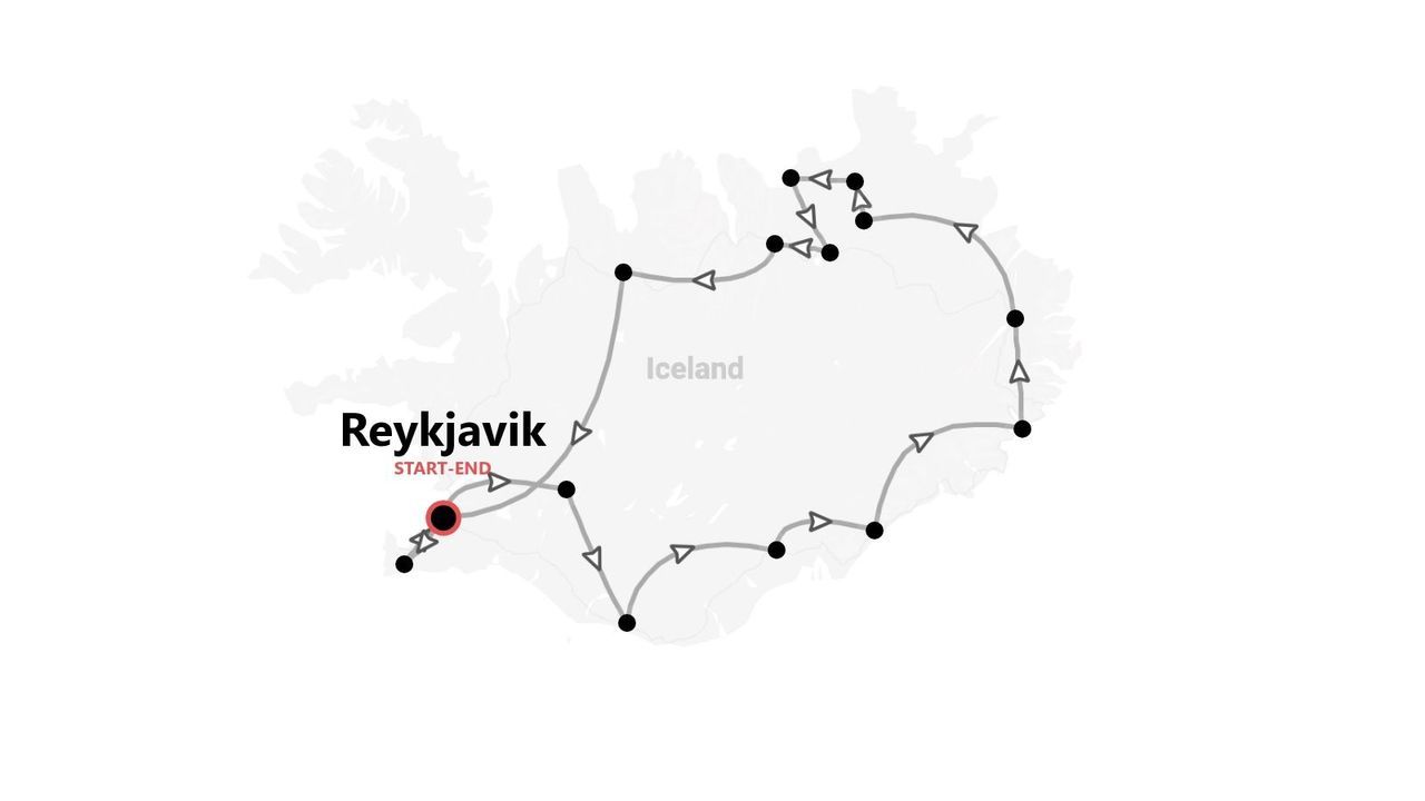 A map of Iceland showing a tour itinerary that circles the country, starting and ending in Reykjavik.