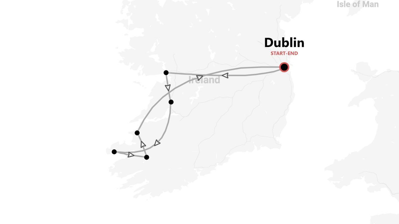 A minimalist map of Ireland showing a circular travel route that starts and ends in Dublin.