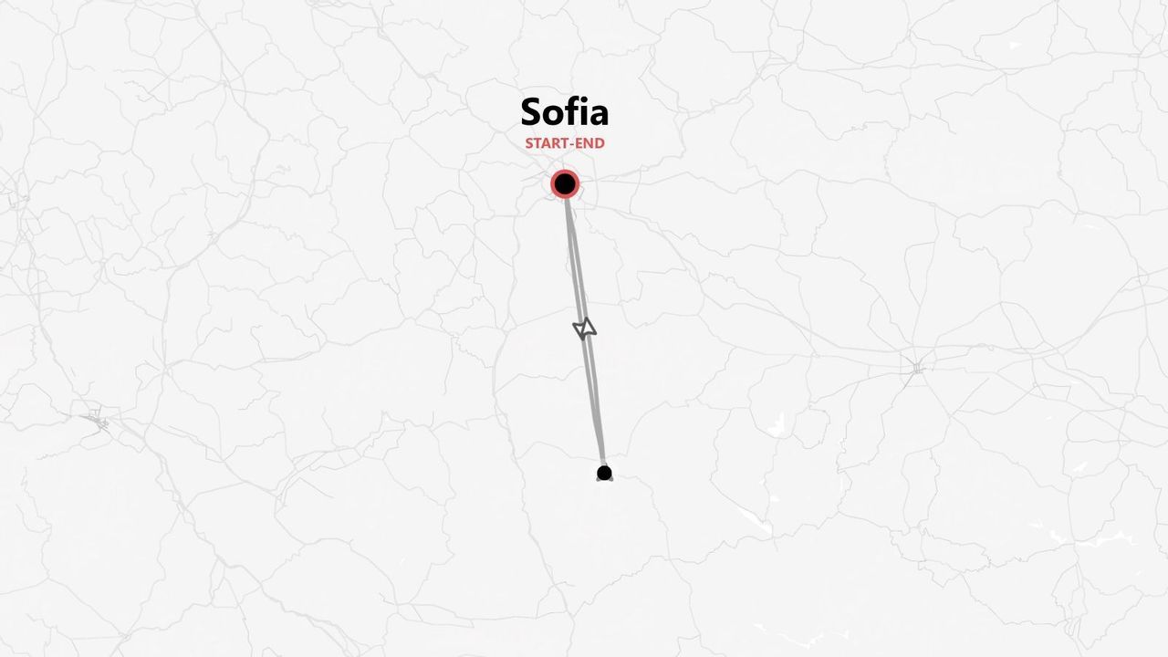 A minimalist map showing a travel route with a start and end point in Sofia.