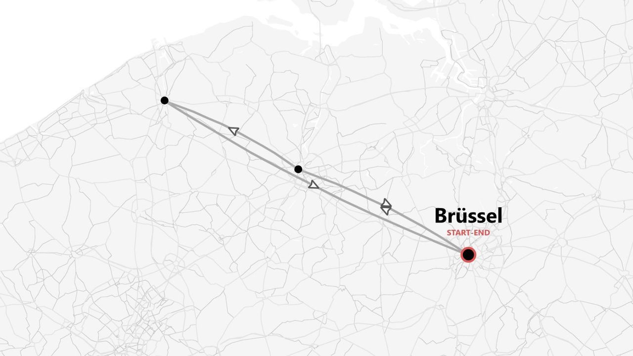 Eine stilisierte Karte, die eine Reiseroute mit mehreren Stationen zeigt. Die Route beginnt und endet in Brüssel.