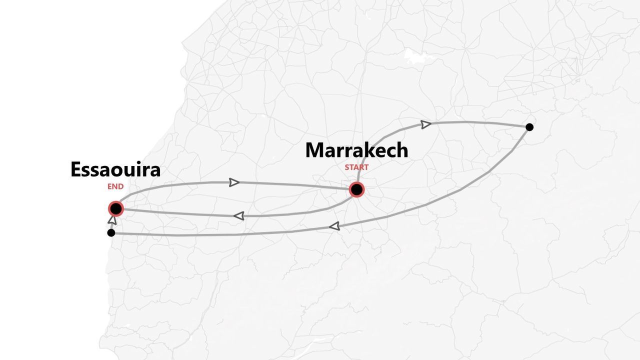 Karte einer Marokko-Reiseroute, von Marrakesch nach Essaouira.