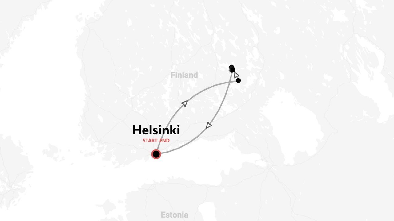 Karte einer Rundreise durch Finnland, Start- und Endpunkt in Helsinki.