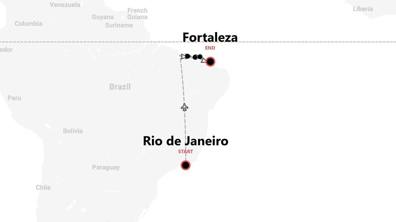 Eine Brasilienkarte mit einer Reiseroute, die in Rio de Janeiro beginnt und in Fortaleza endet.