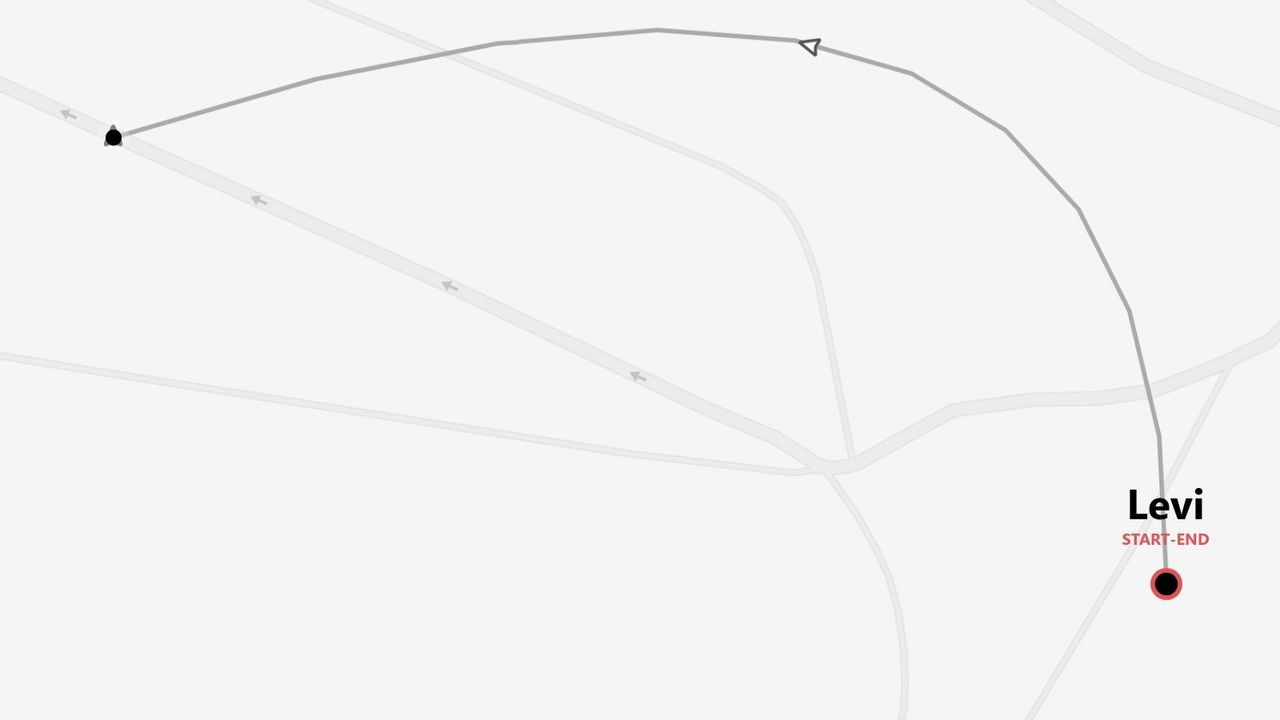 Eine stilisierte Karte einer Reiseroute mit Start- und Endpunkt in Levi.