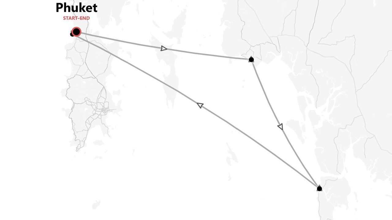 Karte einer Rundreise, die in Phuket, Thailand, beginnt und endet.