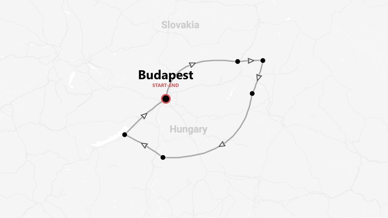 Eine Karte einer Reiseroute durch Ungarn. Die Route ist ein Rundkurs, der in Budapest beginnt und endet.