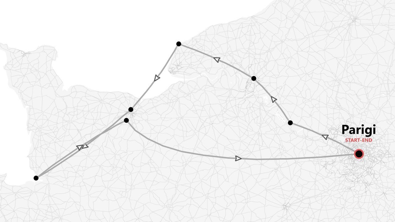 Eine stilisierte Karte, die eine Reiseroute in Nordfrankreich zeigt. Die Route bildet eine Schleife, beginnend und endend in Paris.