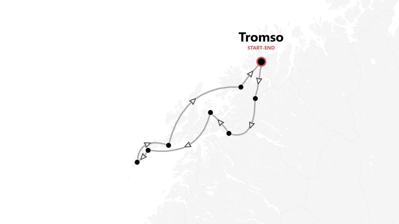 Eine Karte mit einem Reiseplan, der in Tromsø beginnt und endet, wobei die Route durch eine graue Linie mit Punkten und Pfeilen gekennzeichnet ist.