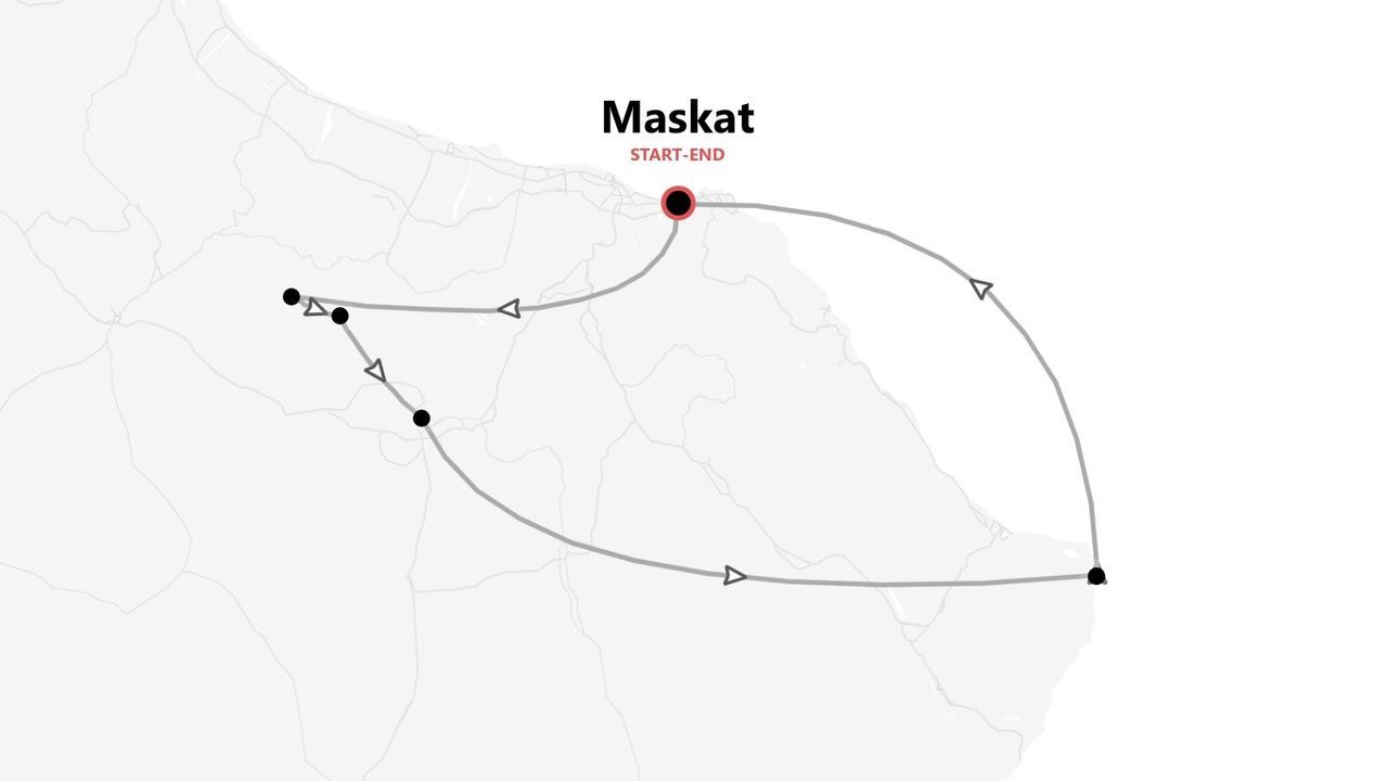 Karte einer Rundreise mit mehreren Stationen, Start und Ziel in Maskat.