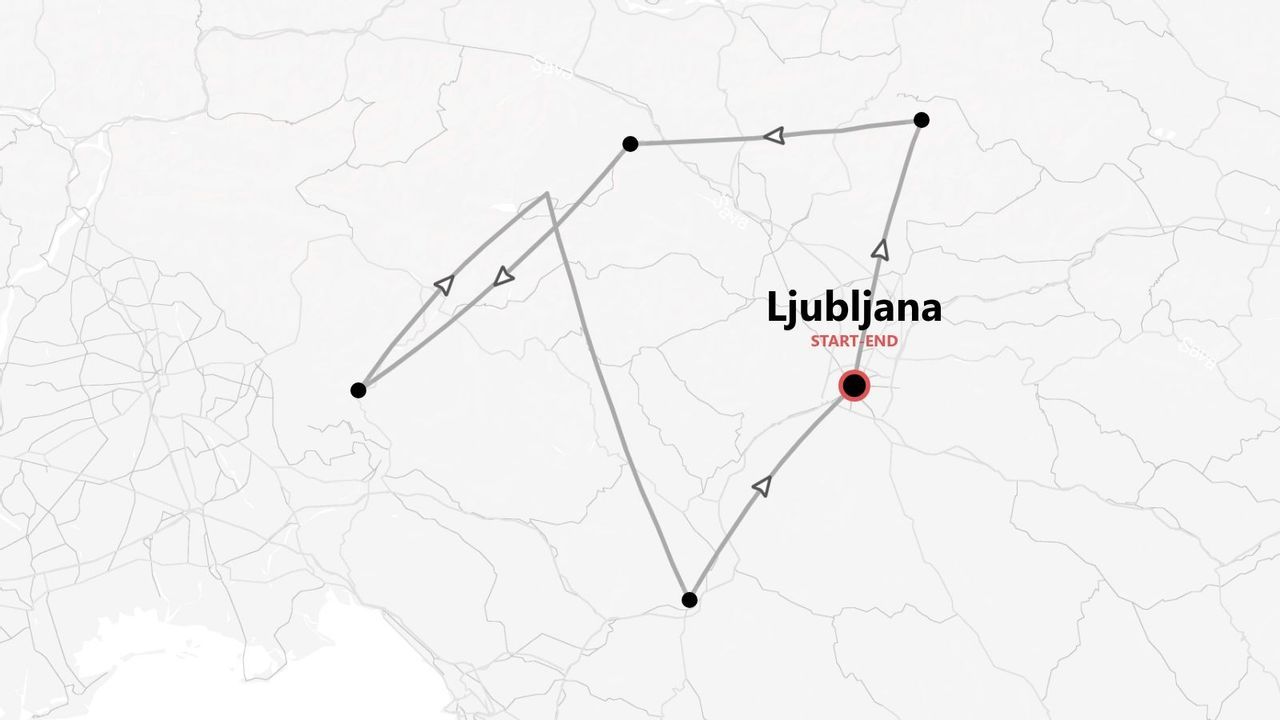 Eine Karte mit einer Reiseroute, die in Ljubljana, Slowenien, beginnt und endet.
