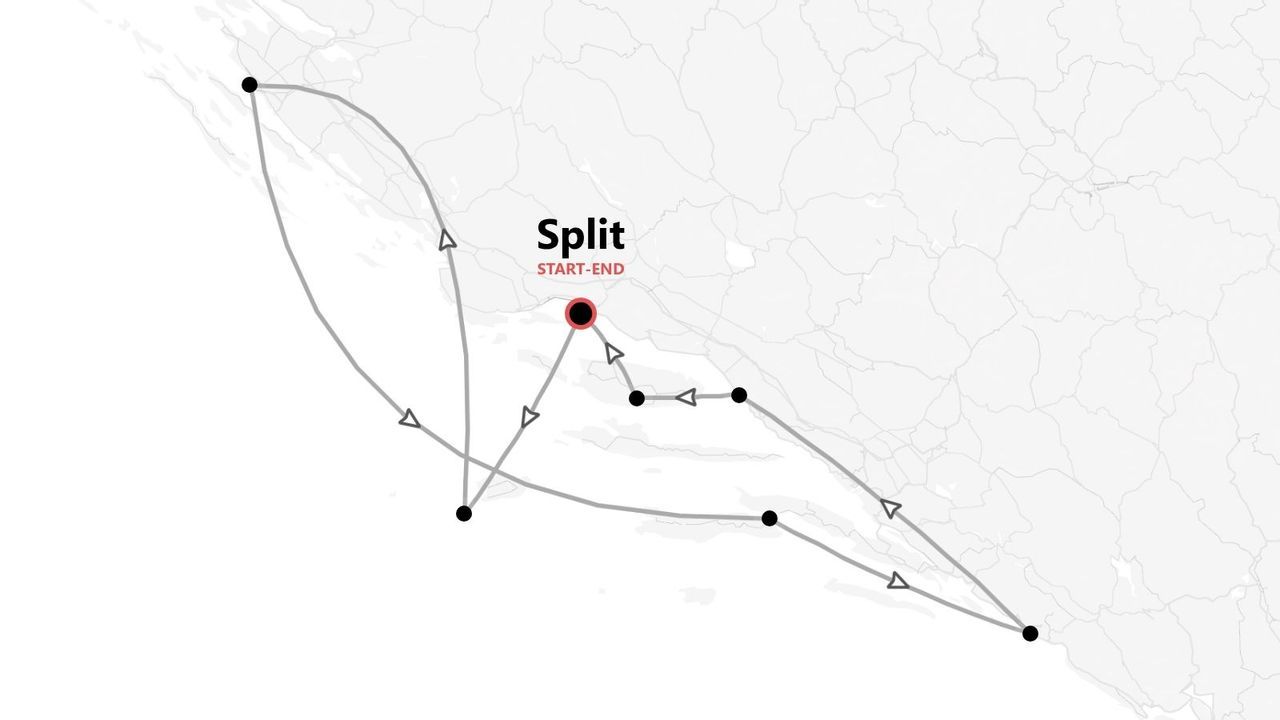 Eine Karte mit einer Reiseroute und mehreren Stationen, die in der Stadt Split beginnt und endet.