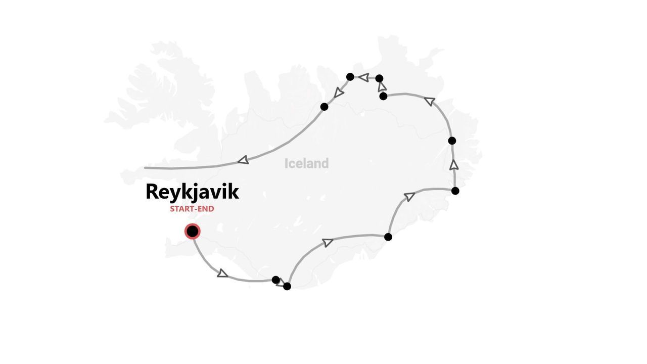 Eine Karte von Island, die eine Rundreise durch das Land zeigt, beginnend und endend in Reykjavik.