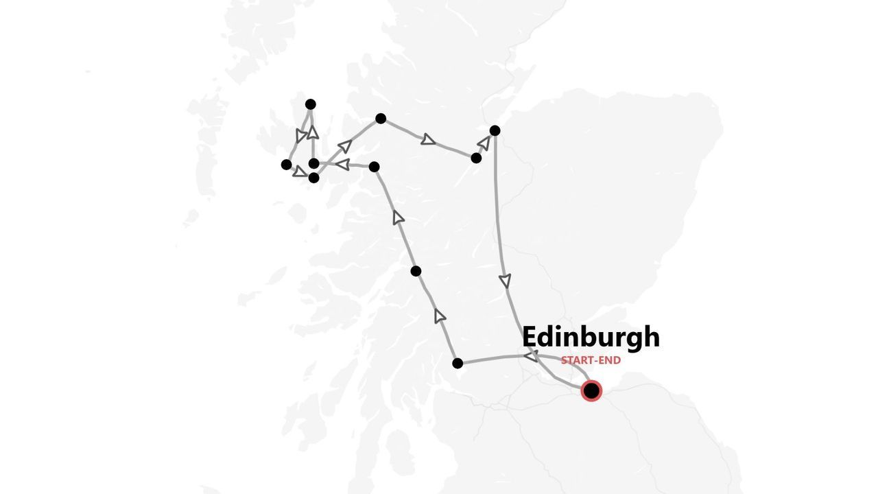 Eine grafische Karte einer Reiseroute durch Schottland, die in Edinburgh beginnt und endet.