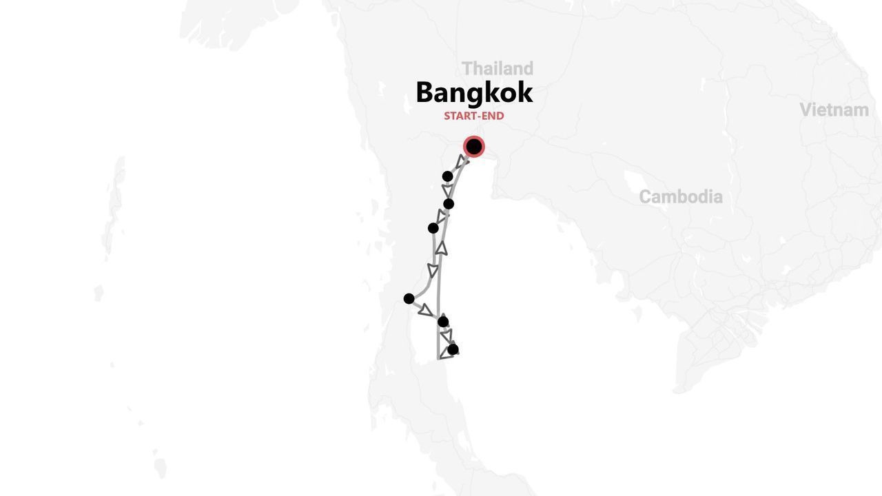 Eine Karte von Thailand, die eine Reiseroute zeigt. Die Route beginnt und endet in Bangkok und führt nach Süden entlang der Halbinsel.