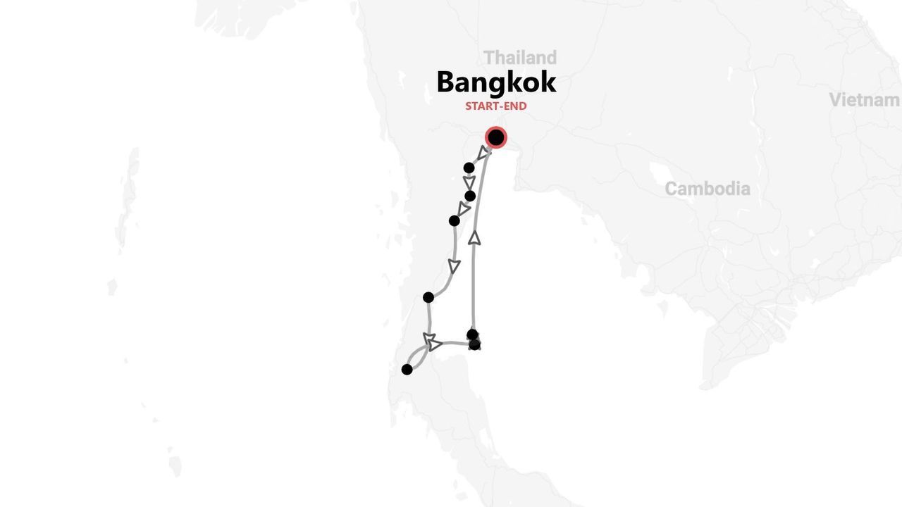 Eine Karte, die eine Reiseroute durch Thailand zeigt, mit Start- und Endpunkt in Bangkok.