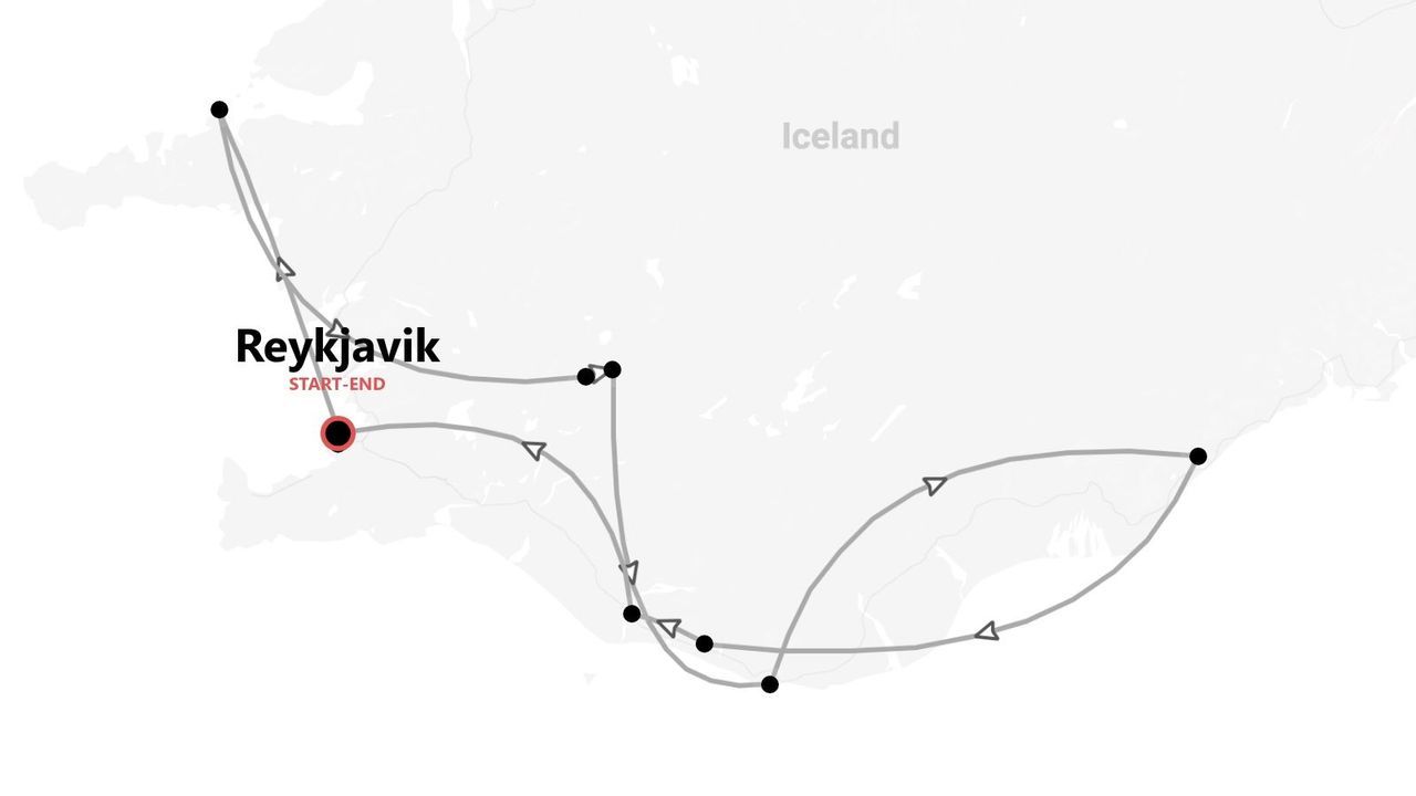 Eine stilisierte Karte von Island, die eine Reiseroute anzeigt, die in Reykjavík beginnt und endet.