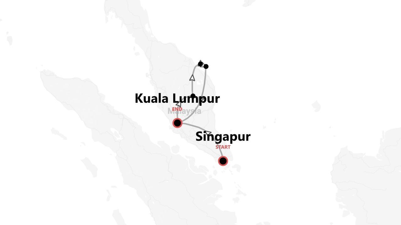 Eine Karte, die eine Reiseroute von Singapur nach Kuala Lumpur, Malaysia, mit mehreren Zwischenstopps unterwegs darstellt.