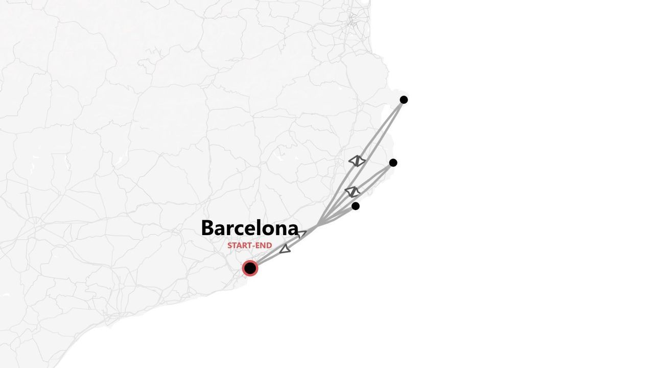Eine Karte, die eine Reiseroute zeigt, die in Barcelona beginnt und endet, mit mehreren Stopps entlang der spanischen Küste.