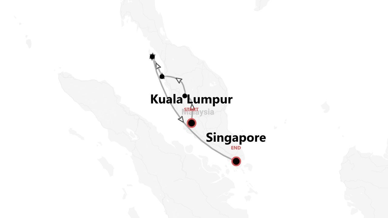 Eine Karte mit einer Reiseroute, die in Kuala Lumpur, Malaysia beginnt und in Singapur endet, mit mehreren Zwischenstopps entlang der Strecke.