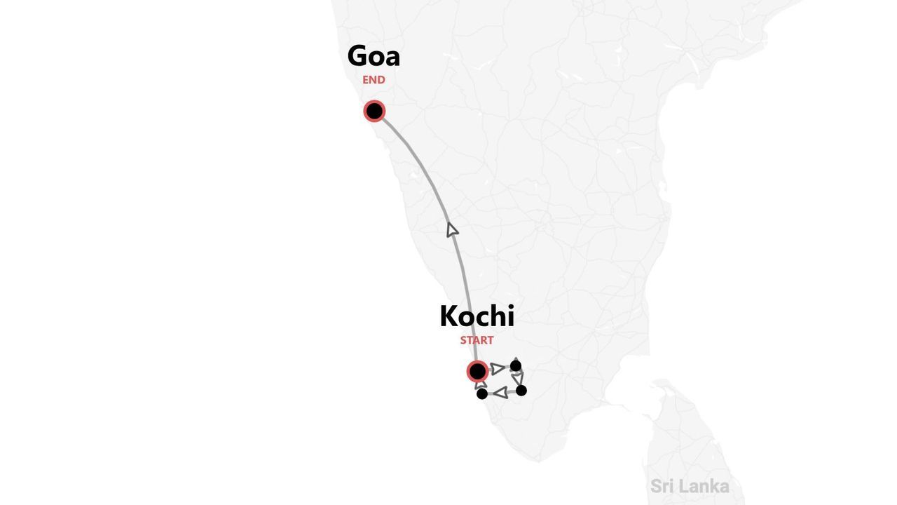 Eine Reiseroutenkarte für Indien, die eine Strecke von Kochi nach Goa entlang der Küste zeigt.