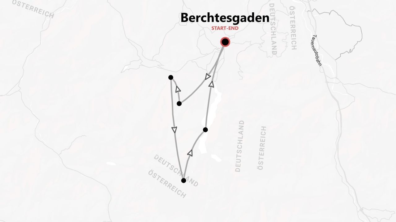 Eine Karte einer Rundreise, die in Berchtesgaden beginnt und endet und durch Österreich führt.