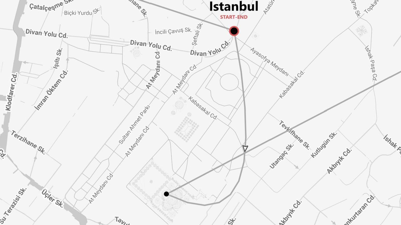 Eine Graustufen-Stadtkarte von Istanbul, die eine Reiseroute zeigt, die an der Divan Yolu Cd. beginnt und endet.