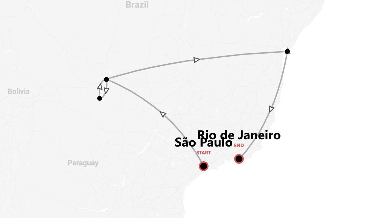 Eine Karte einer Reiseroute in Brasilien, beginnend in São Paulo und endend in Rio de Janeiro, mit angezeigter Route und Stopps.