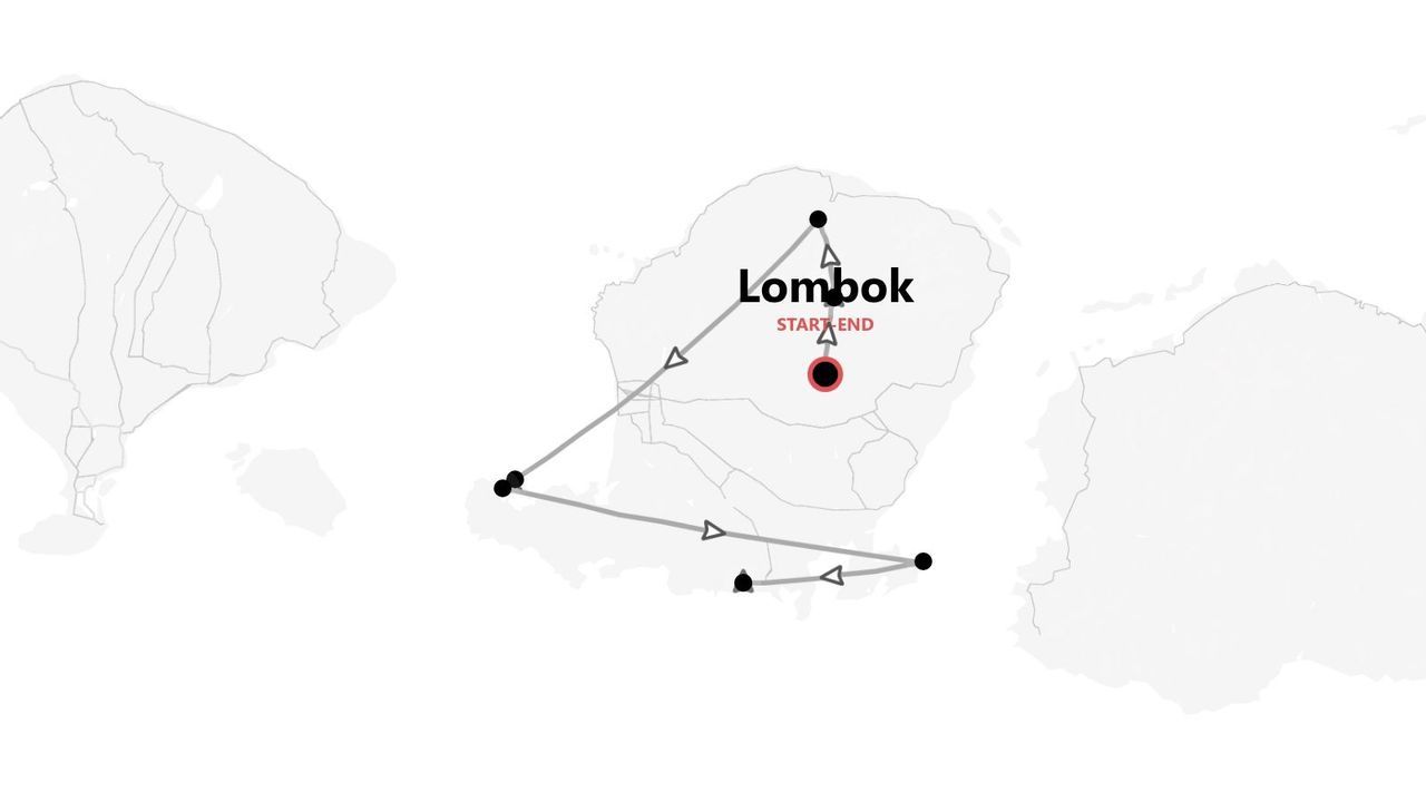 Eine minimalistische Karte, die eine Reiseroute zeigt, die auf der Insel Lombok beginnt und endet.