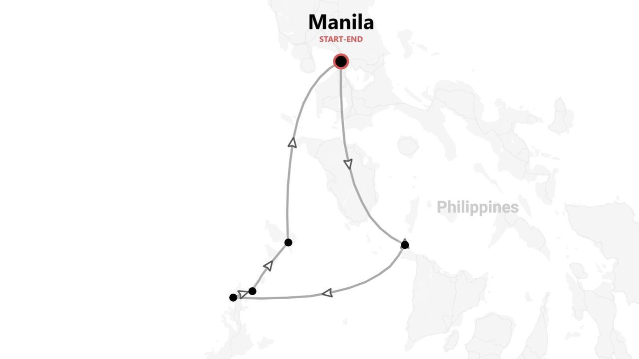 Eine Karte der Philippinen, die eine Reiseroute zeigt, die in Manila beginnt und endet, mit mehreren auf der Strecke eingezeichneten Haltestellen.