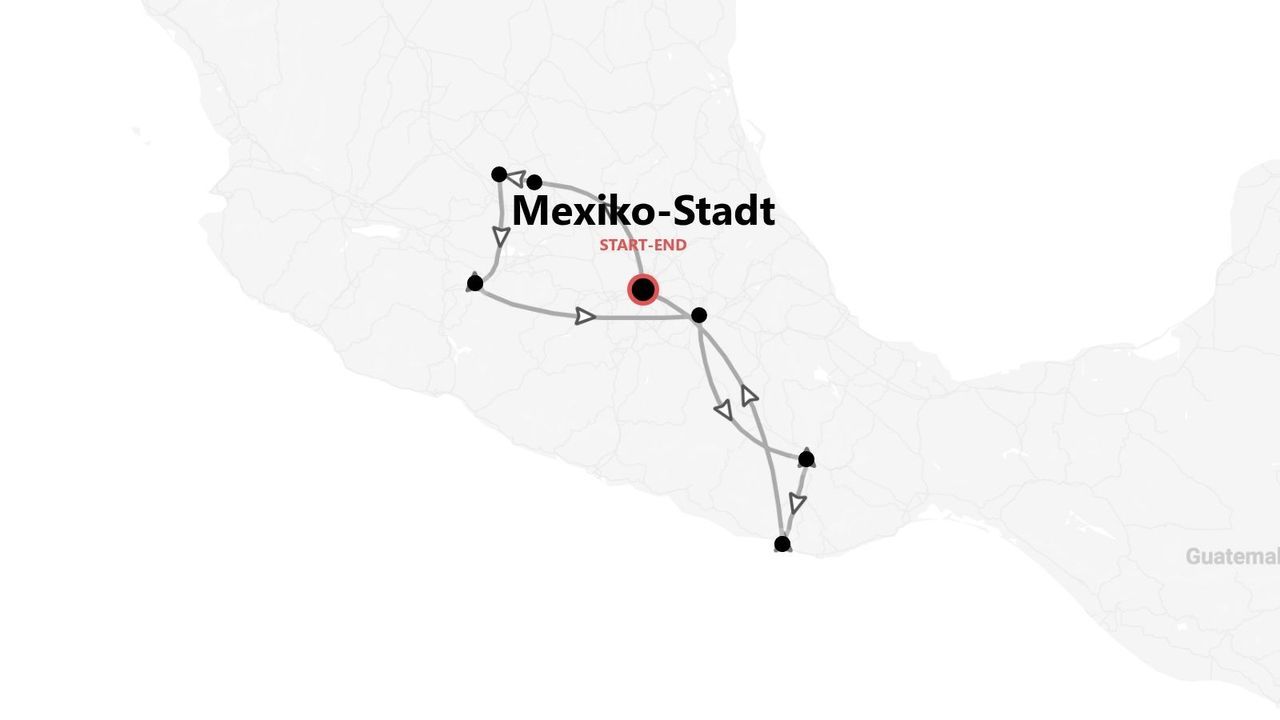 Eine minimalistische Karte von Mexiko, die eine Reiseroute mit Stopps zeigt, beginnend und endend in Mexiko-Stadt.