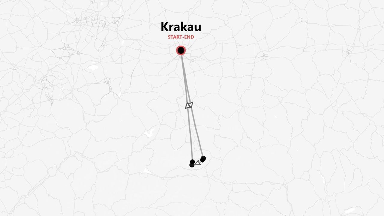 Eine minimalistische Karte mit einem Reiseverlauf und Aktivitätssymbolen, beginnend und endend in Krakau.