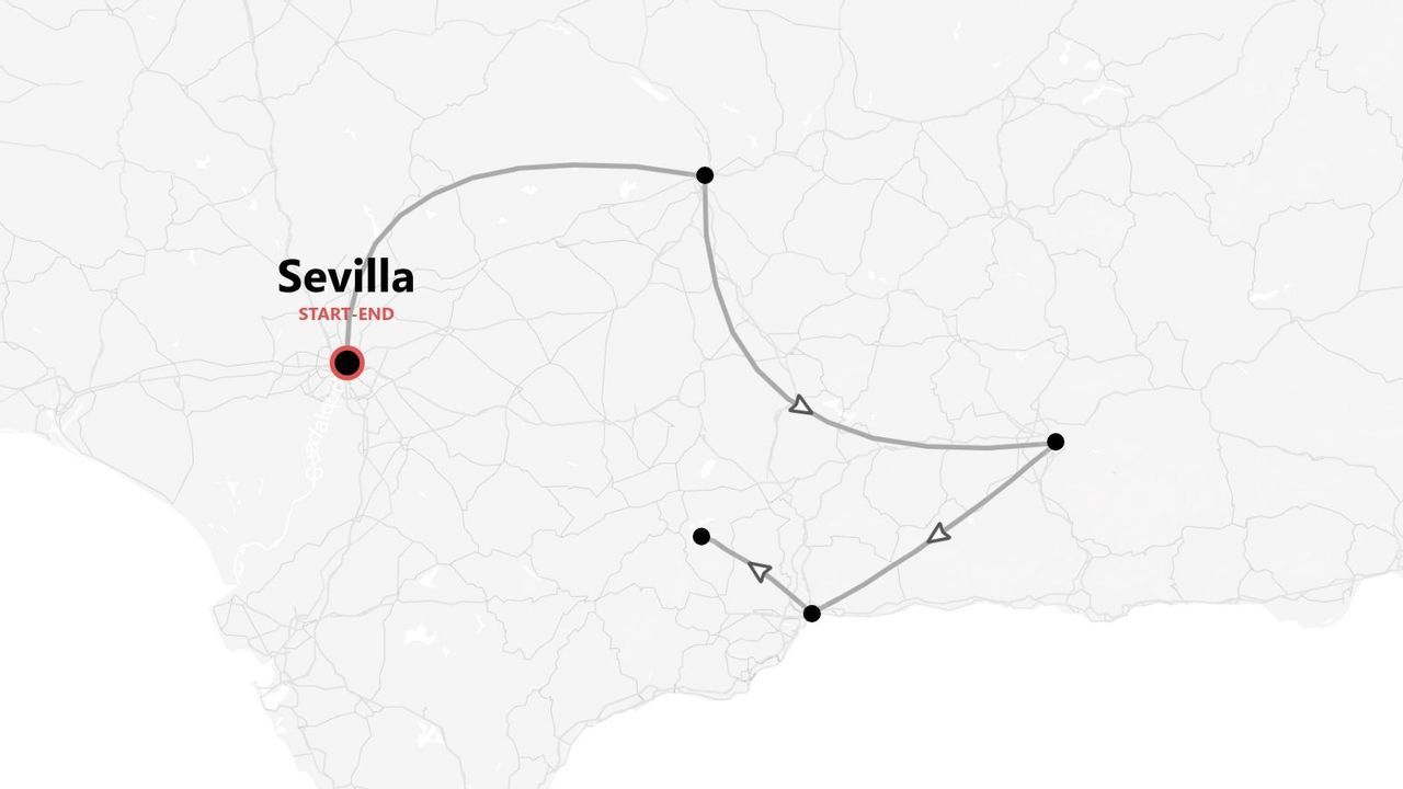 Eine Karte von Südspanien, die eine Reiseroute mit Start und Ziel in Sevilla zeigt.