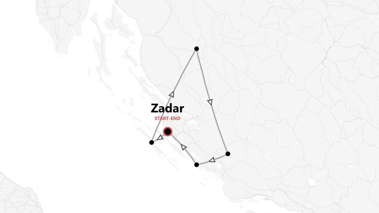 Eine Karte einer Rundreise durch Kroatien, die in Zadar beginnt und endet.