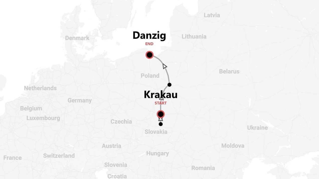 Eine Karte von Polen, die eine Reiseroute von Krakau nach Danzig zeigt.