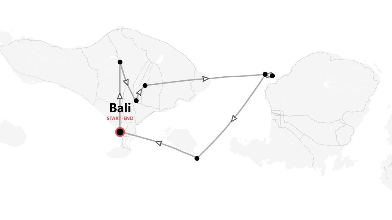 Eine Karte mit einer Reiseroute, die auf Bali beginnt und endet, inklusive Stopps auf Bali und der Nachbarinsel Lombok.