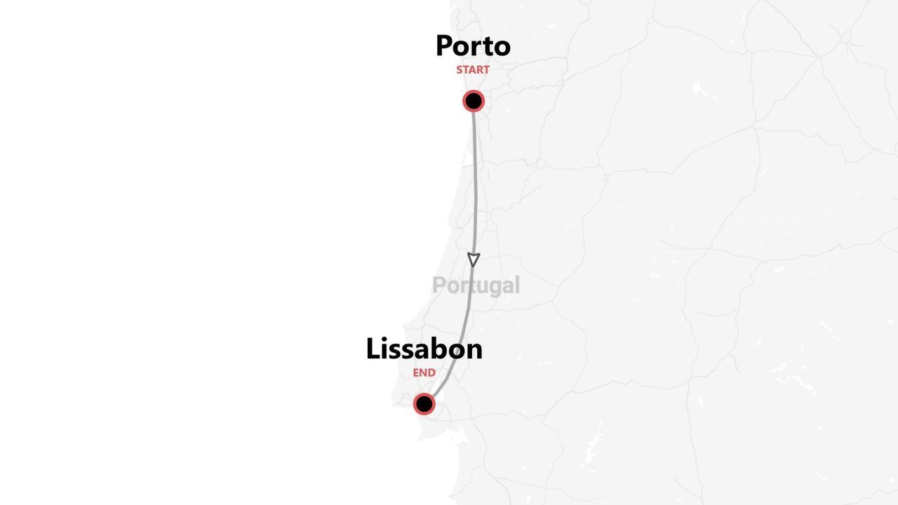 Eine Karte von Portugal mit einer Reiseroute von Porto nach Lissabon.