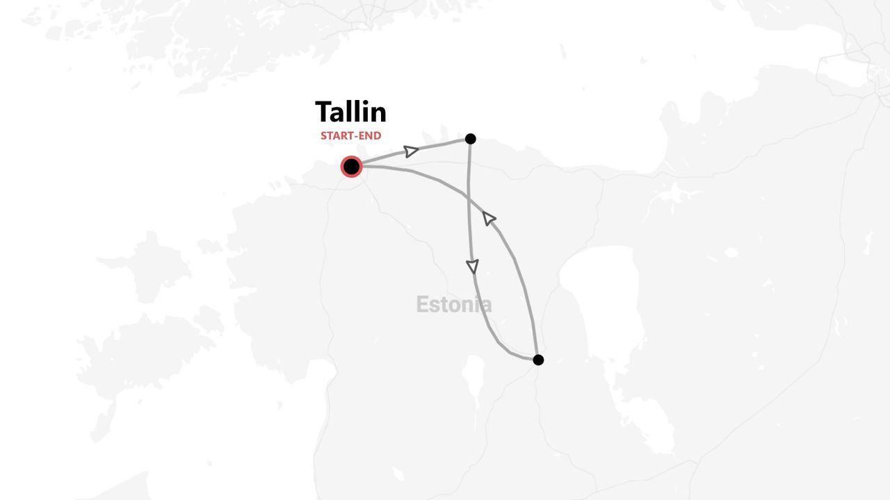 Karte einer Reiseroute durch Estland, die in Tallinn beginnt und endet.