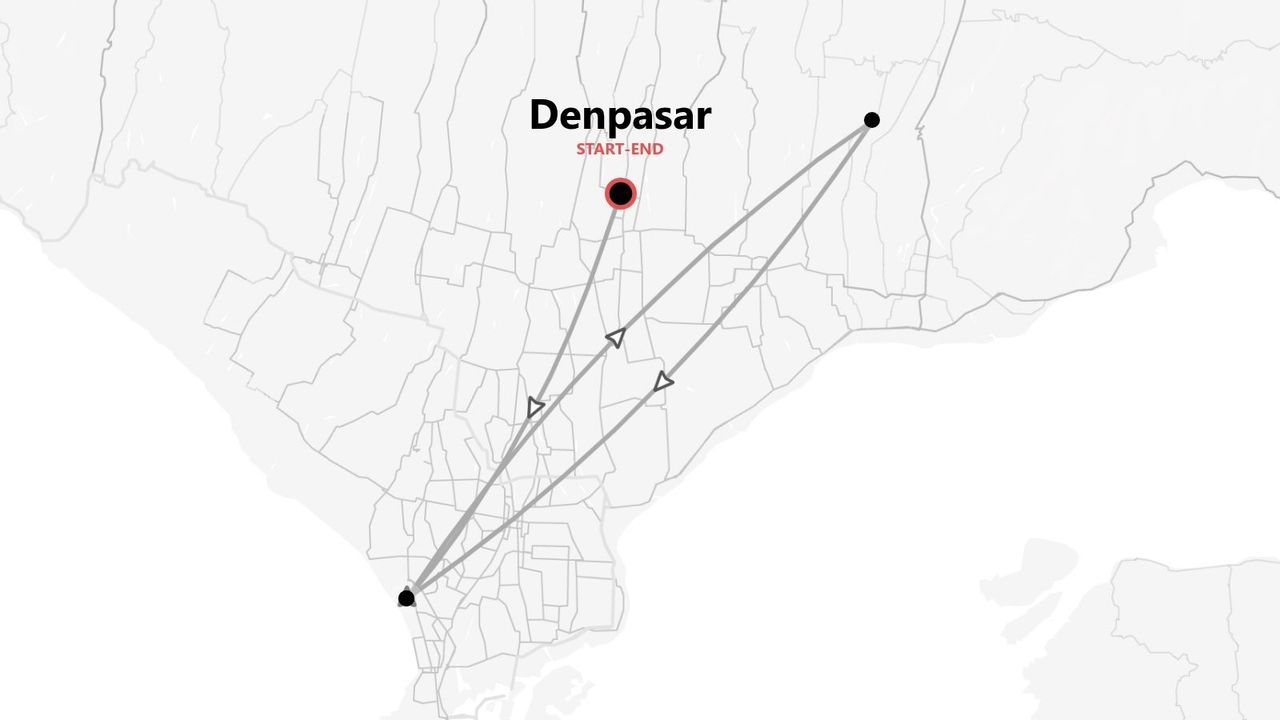 Eine Karte, die eine Reiseroute mit Denpasar als Start- und Endpunkt der Rundreise zeigt.