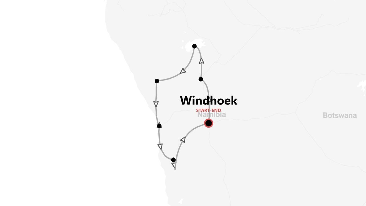 Eine Karte einer Namibia-Rundreise mit Start und Ziel in der Hauptstadt Windhoek.