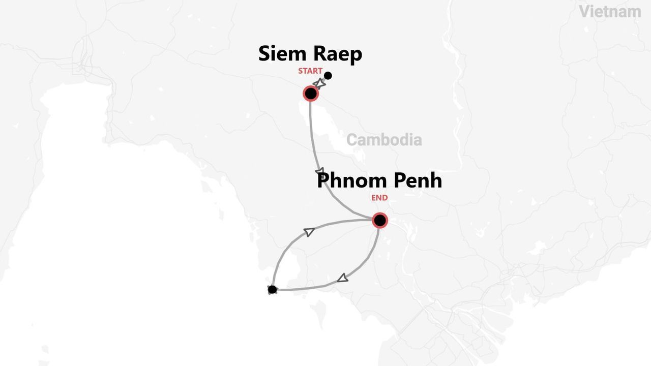 Kambodscha-Karte: Reiseroute von Siem Reap nach Phnom Penh.