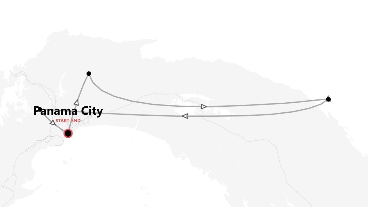Eine stilisierte Karte, die einen Reiseplan zeigt, der in Panama-Stadt beginnt und endet, wobei die Route durch eine graue Linie und Pfeile gekennzeichnet ist.
